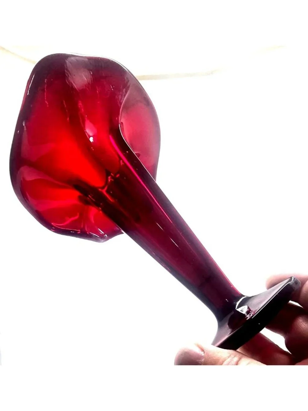Vintage Ruby Red Glass Pedestal Vase with Flared Top & Hexagonal Base